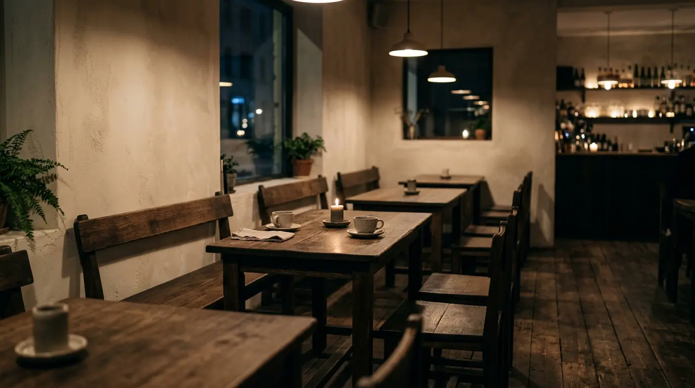 Calm moonlit café interior with warm ambient lighting