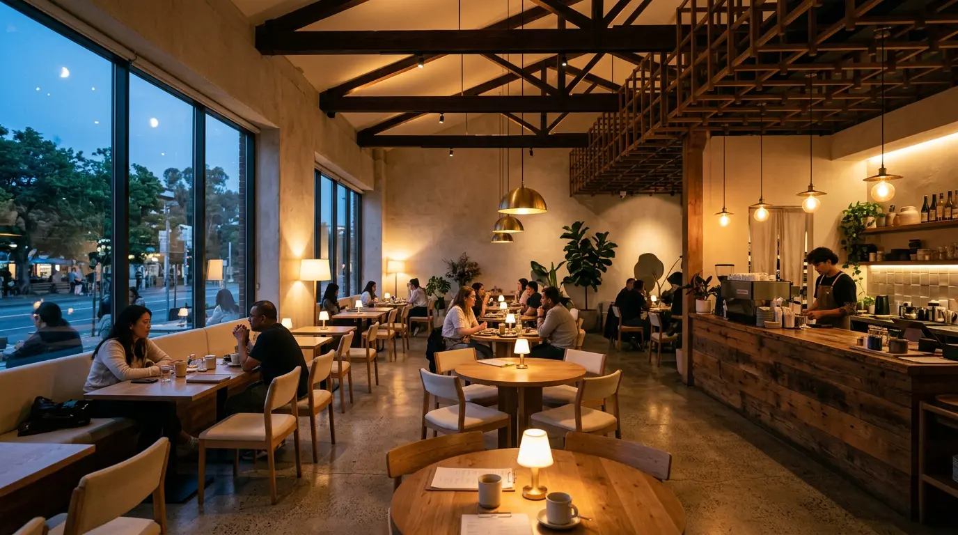 Velune cafe interior with warm ambient lighting