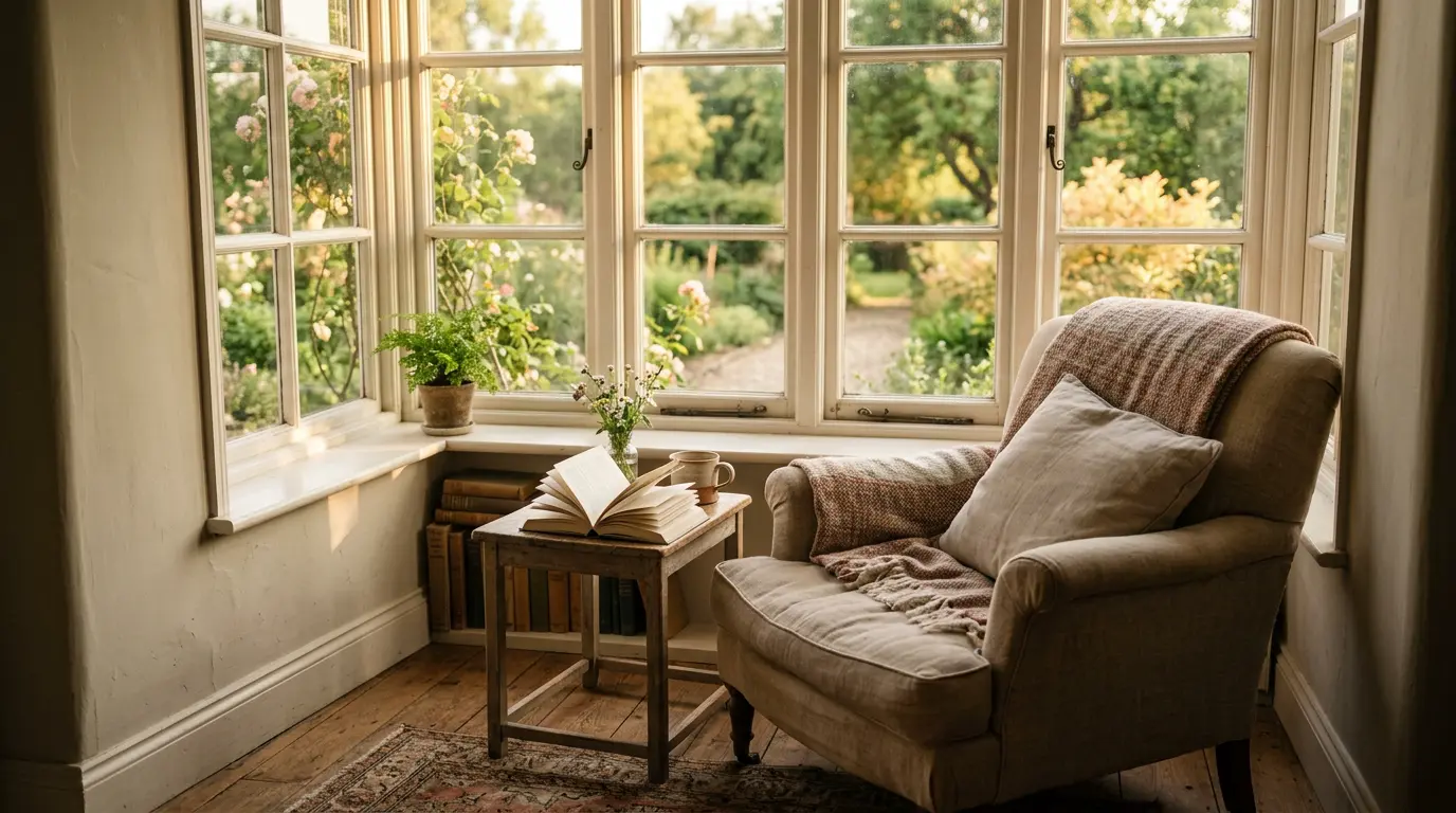 Window seat bathed in gentle afternoon light