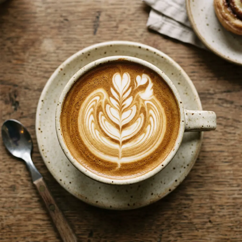 Latte art in a ceramic cup under soft light