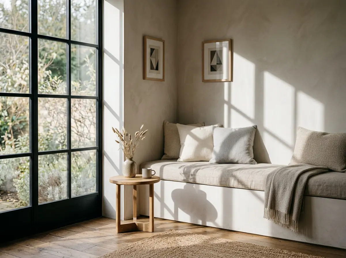 Minimalist seating area with soft shadows