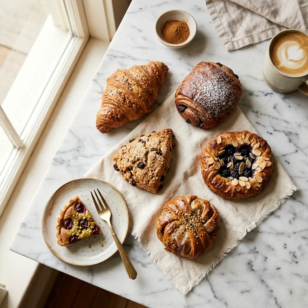 Curated pastry display on marble surface