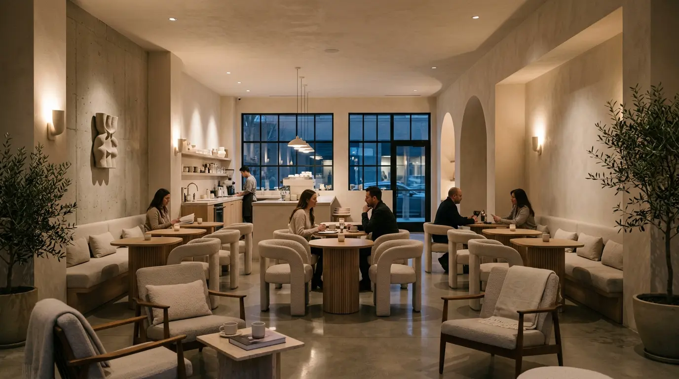 Velune Cafe interior bathed in warm ambient lighting